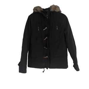 Youth Hooded Jacket, Full Zip, Quilted Liner, Brown, Horn Shaped Buttons, Size M